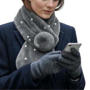 B022 Grey Faux Fur Scarf  Pearl Embellishments Pom Detail chic Plush Winter Wrap